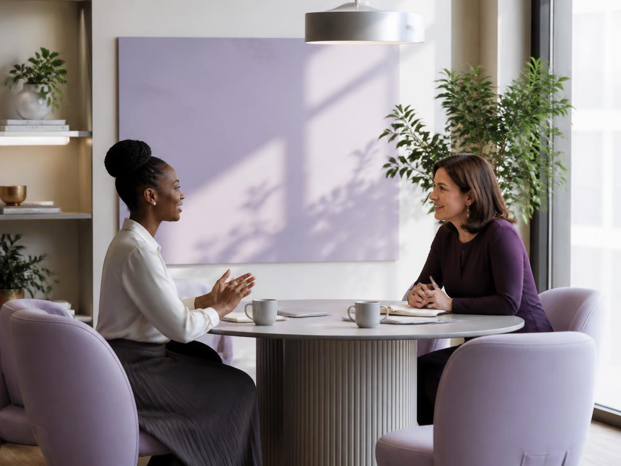 Consultora de RH conversando com uma empreendedora em um ambiente claro